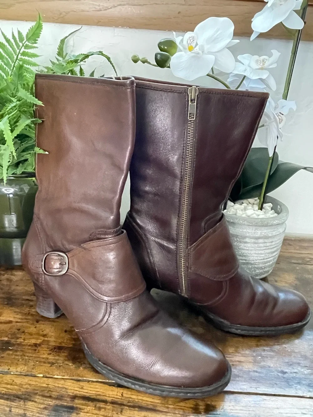 Women's Born Brown Leather Mid-Calf Heeled Boots